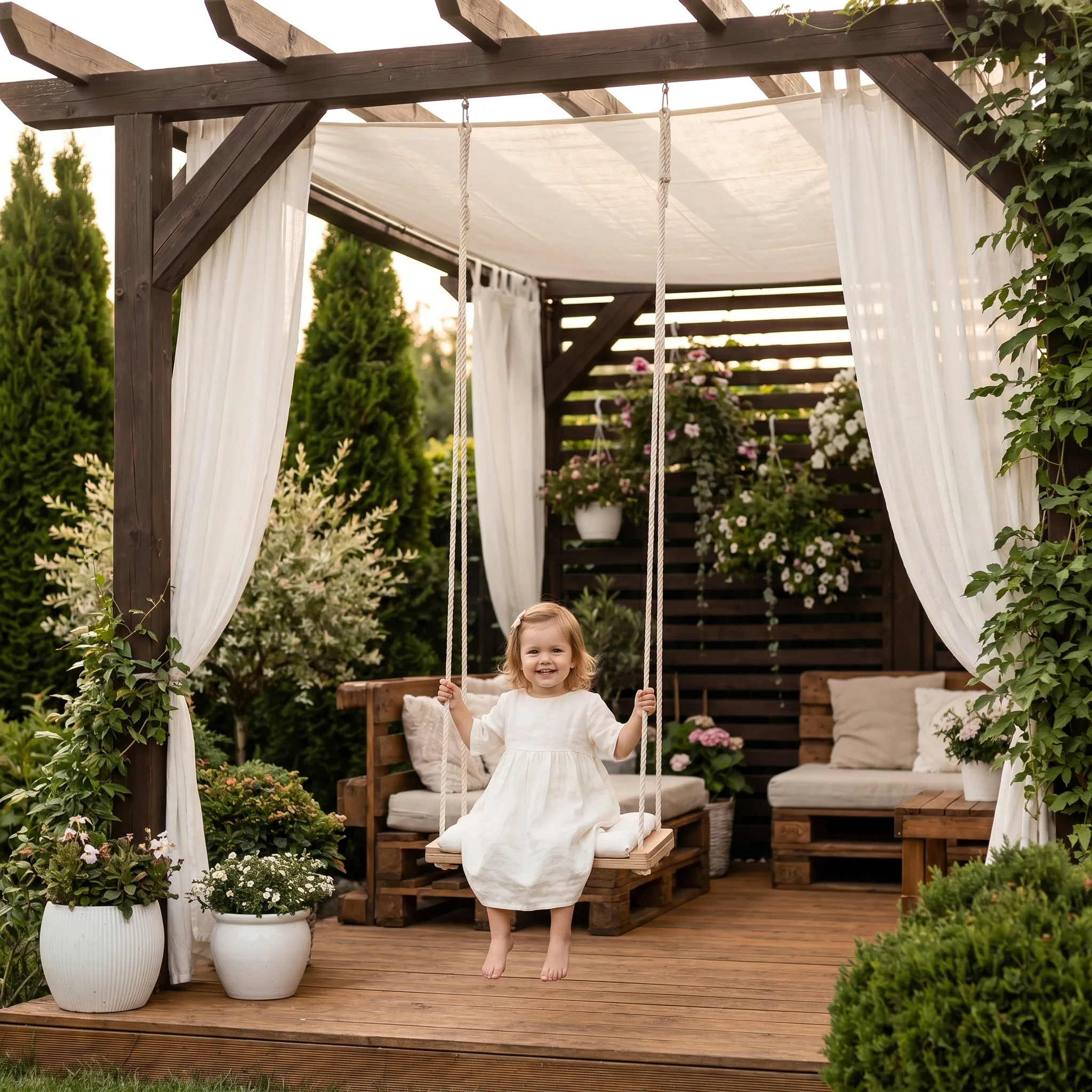 Ahşap döşemeli çocuk salıncağı veranda pergola altında kız çocuğu neşeyle sallanıyor