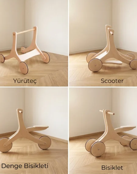 Ahşap yürüteç 4'ü 1 arada 4 farklı mod yürüteç scooter denge bisikleti bisiklet