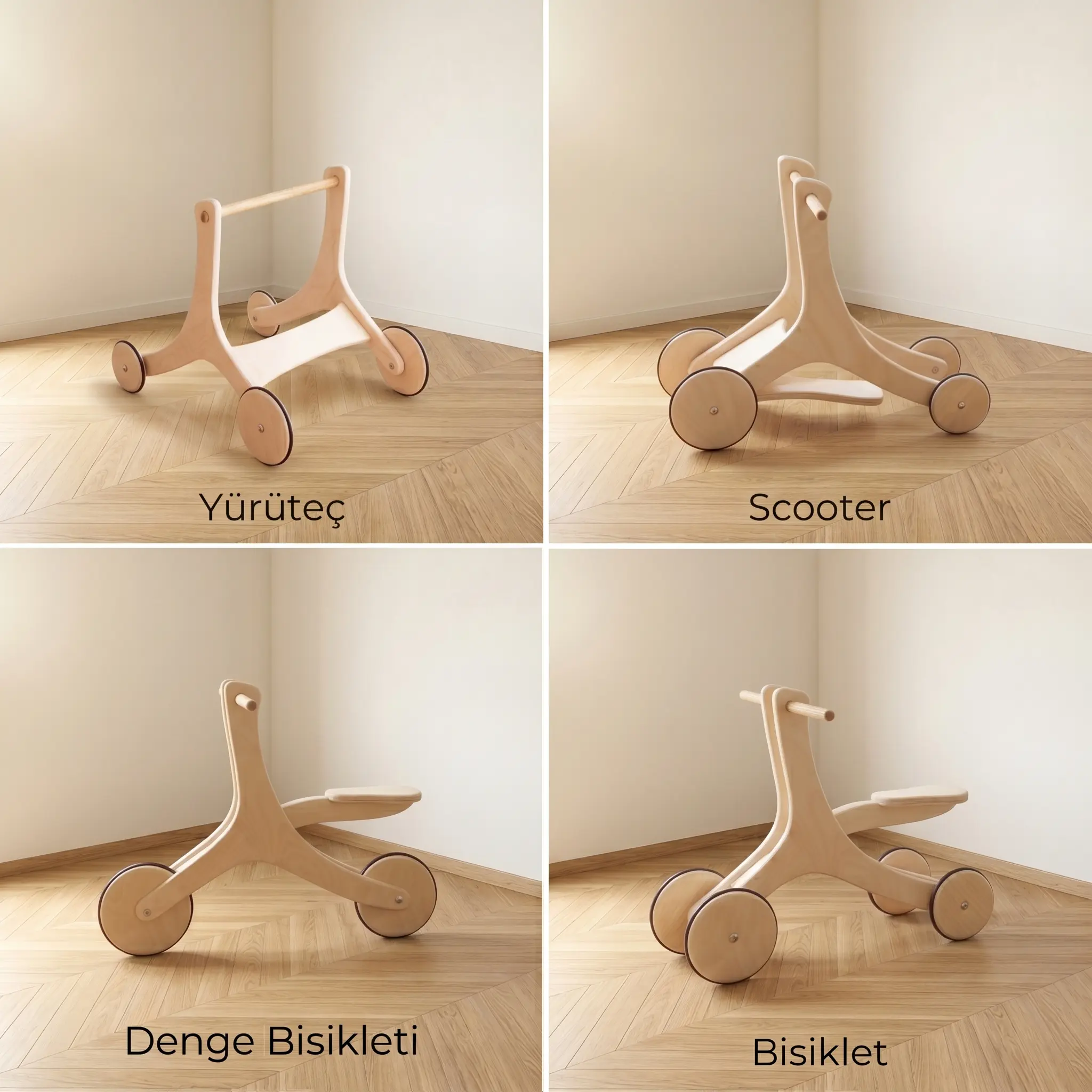 Ahşap yürüteç 4'ü 1 arada 4 farklı mod yürüteç scooter denge bisikleti bisiklet
