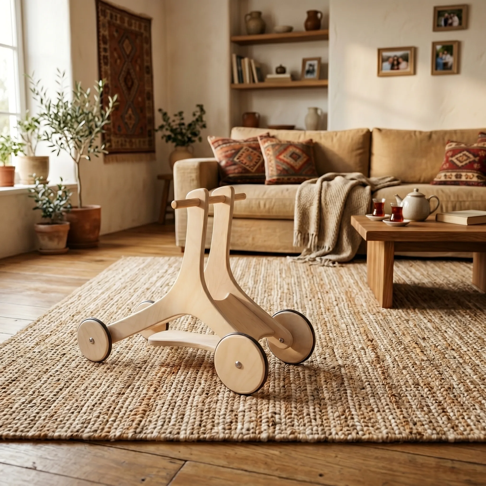 Ahşap yürüteç 4'ü 1 arada scooter modu doğal ahşap salon ortamında