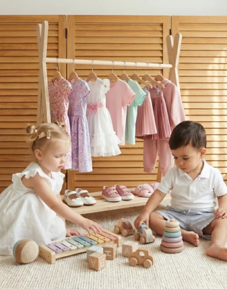 İki küçük çocuk montessori ahşap giysi dolabı önünde birlikte oynuyor