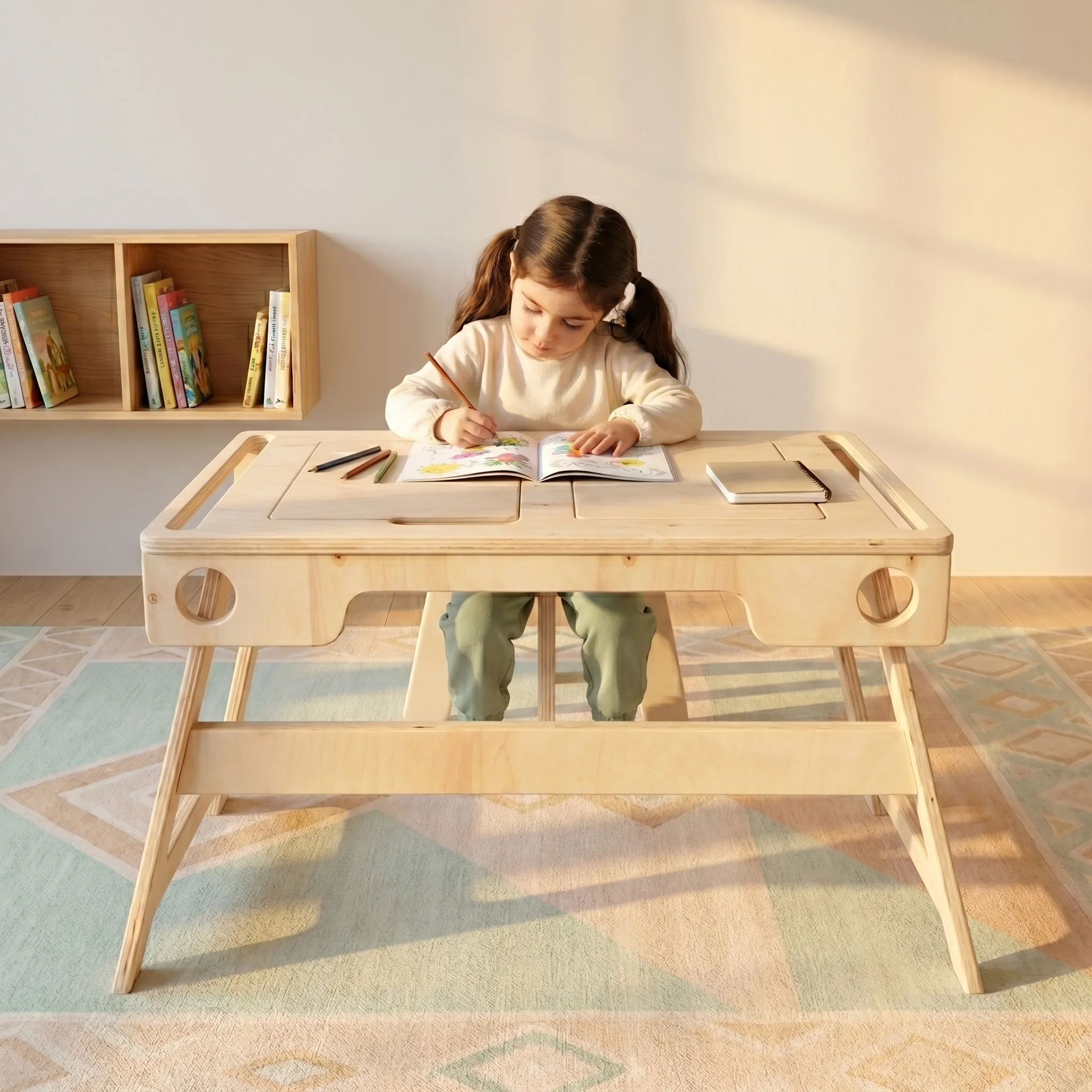 Kız çocuğu ahşap aktivite masasında resim ve çizim yapıyor kitaplıklı oda