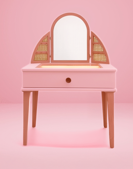 Çocuk Makyaj Masası LED Işıklı Ahşap Tabureli Pembe
