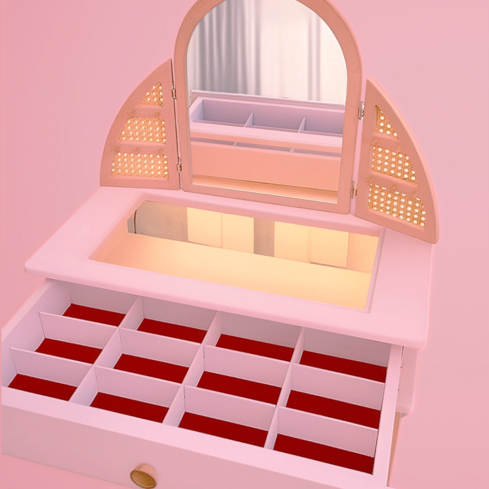 Çocuk Makyaj Masası LED Işıklı Ahşap Tabureli Pembe - Görsel 5