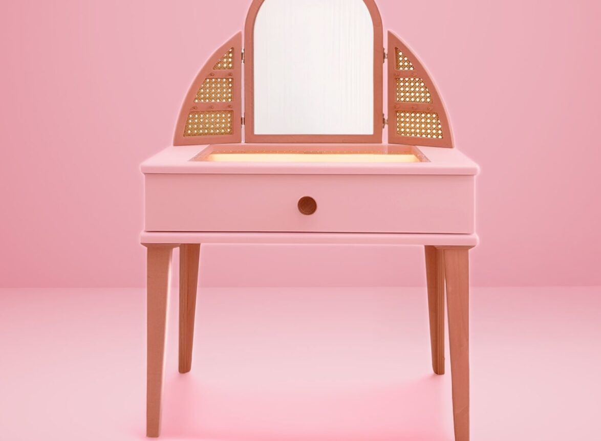 Babyombi Ahşap Çocuk Makyaj Masası - LED Işıklı Ayna ve Pembe Tabureli Montessori Oyuncak Seti