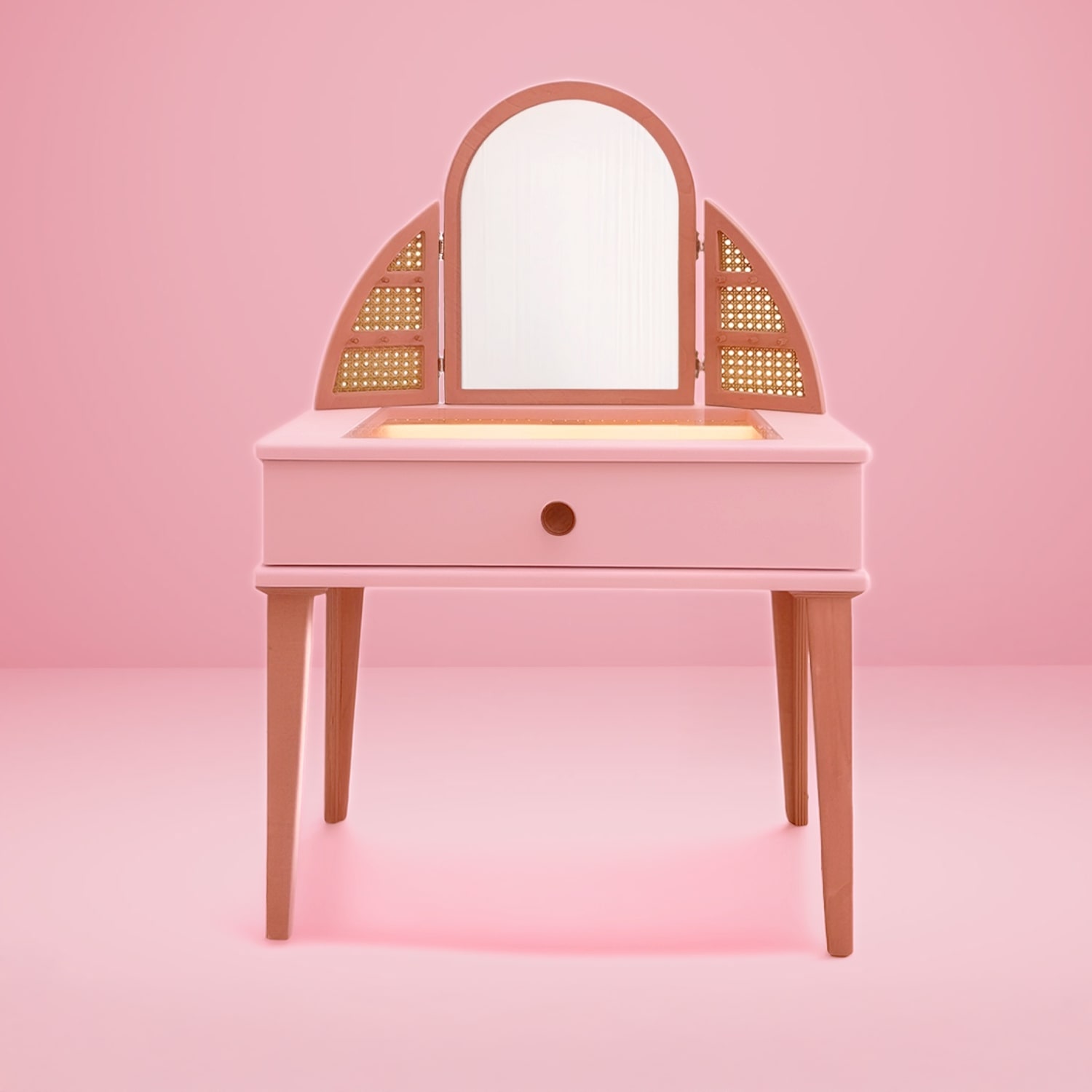 Babyombi Ahşap Çocuk Makyaj Masası - LED Işıklı Ayna ve Pembe Tabureli Montessori Oyuncak Seti
