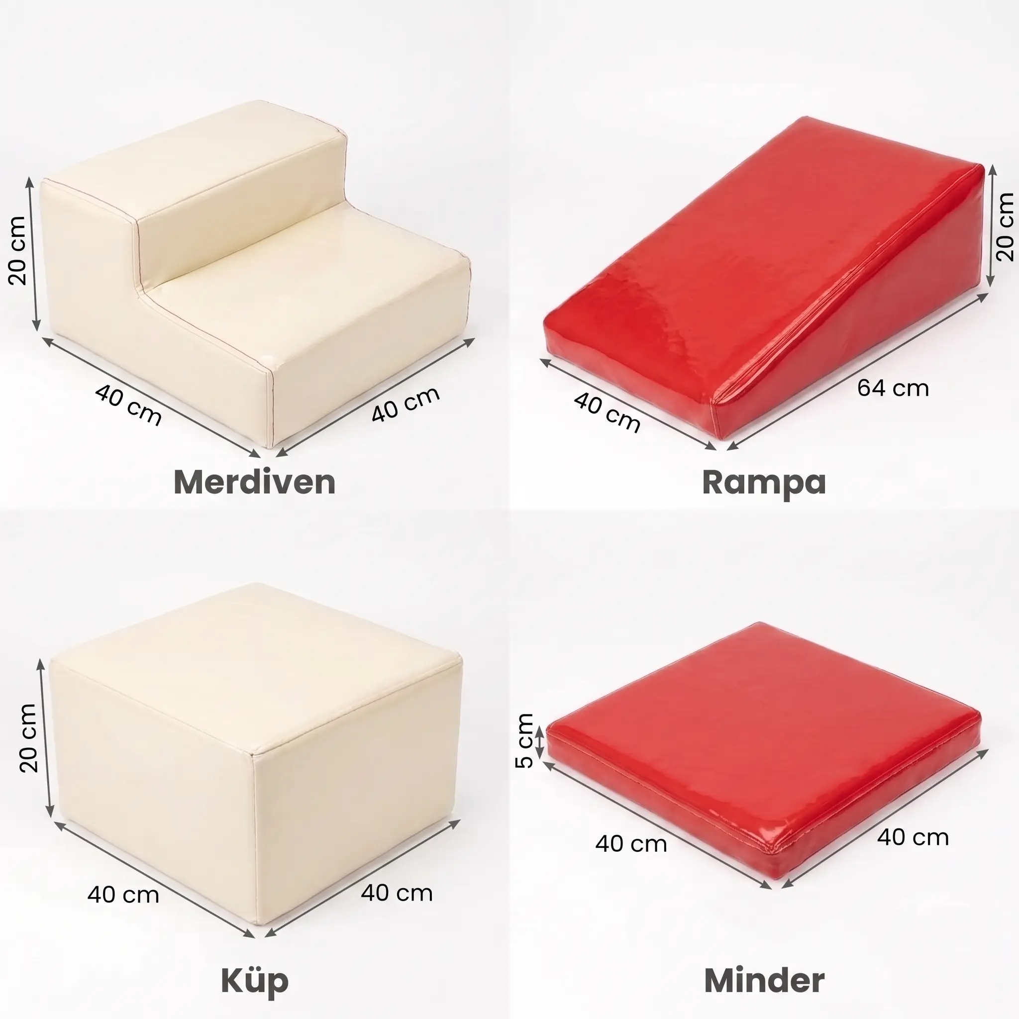 4 parça sünger tırmanma seti ölçüleri: merdiven 40×40×20, rampa 40×64×20, küp 40×40×20, minder 40×40×5 cm