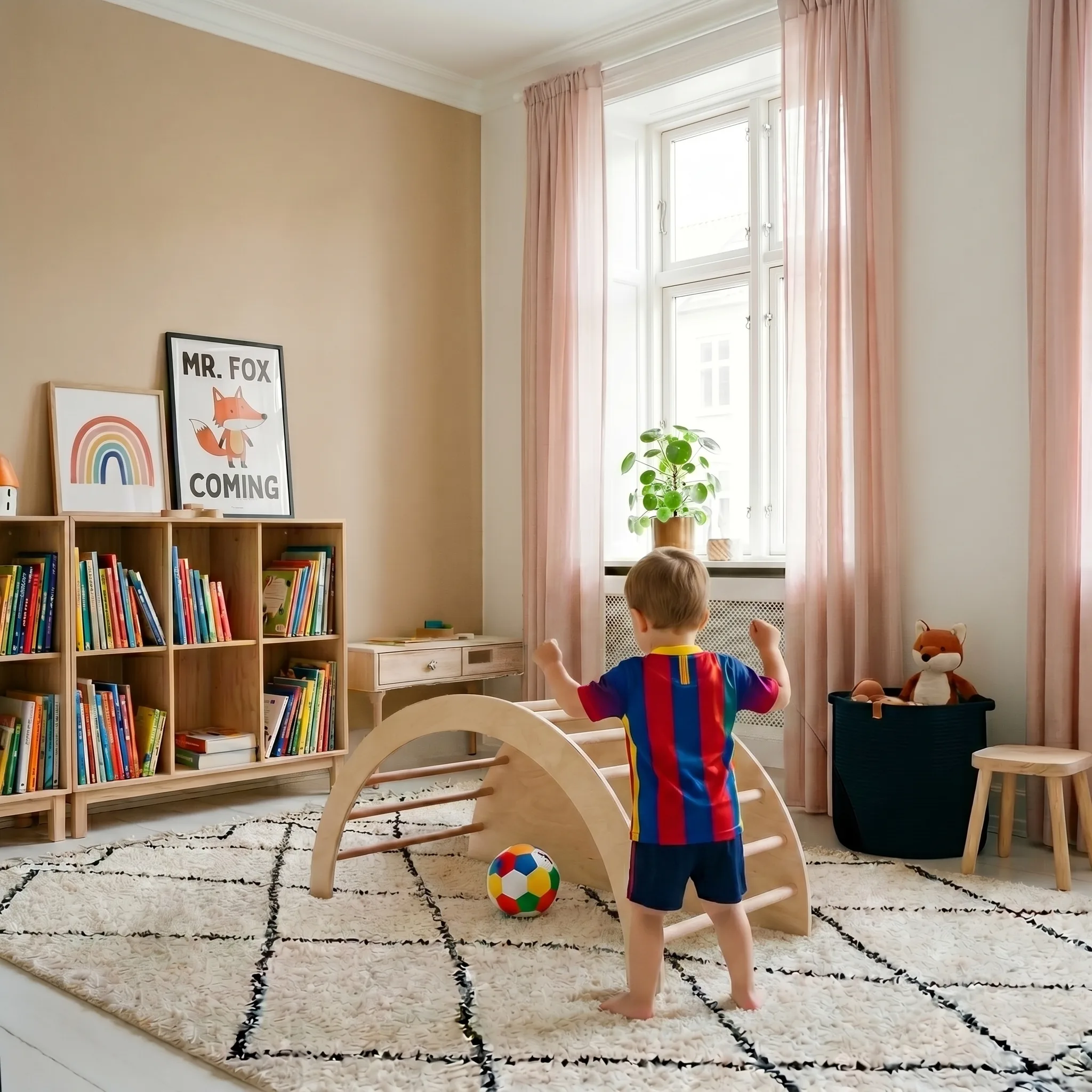 Montessori ahşap tırmanma kemeri bej minderli varyasyon çocuk odası ortamı