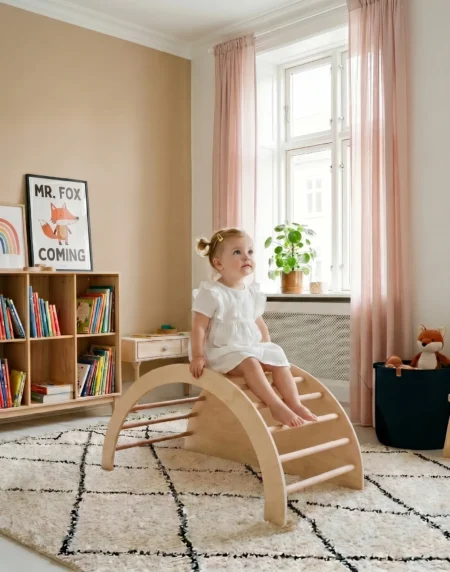 Montessori ahşap tırmanma kemeri beyaz minderli çocuk odası ortamı ürün görseli