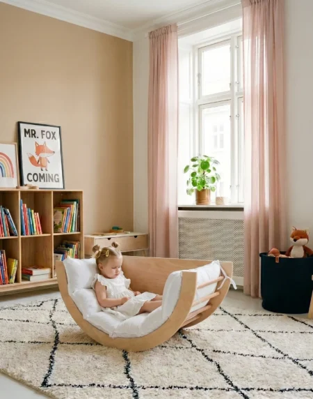 Küçük kız çocuğu montessori ahşap tırmanma kemeri üstünde oturuyor denge geliştiriyor