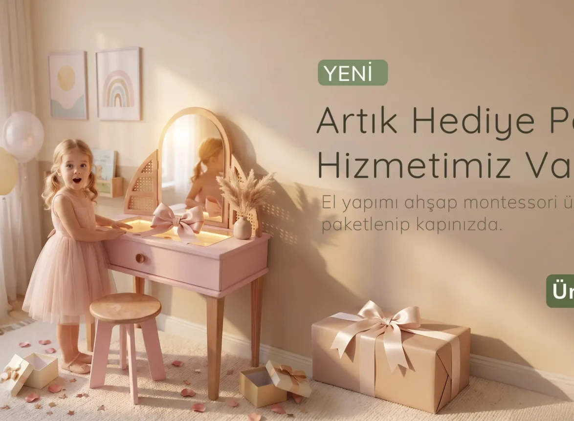 Pembe Montessori ahşap makyaj masasıyla oynayan küçük kız ve yanında hediye paketli Babyombi ürünü
